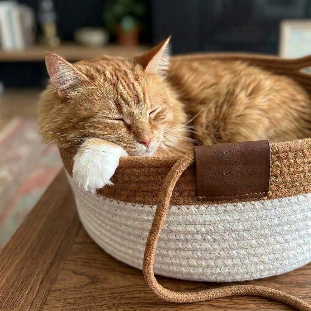 Chat endormi dans son panier Cordélia