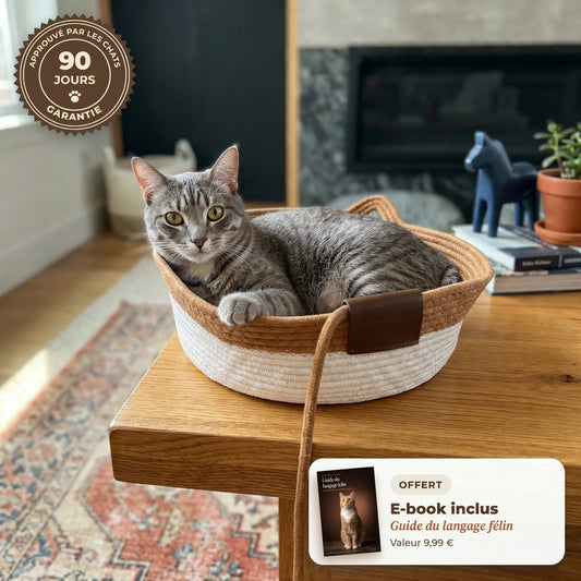 Chat tigré gris couché dans le panier Cordélia en corde caramel et blanche, sur une table en bois, avec le guide du langage félin offert