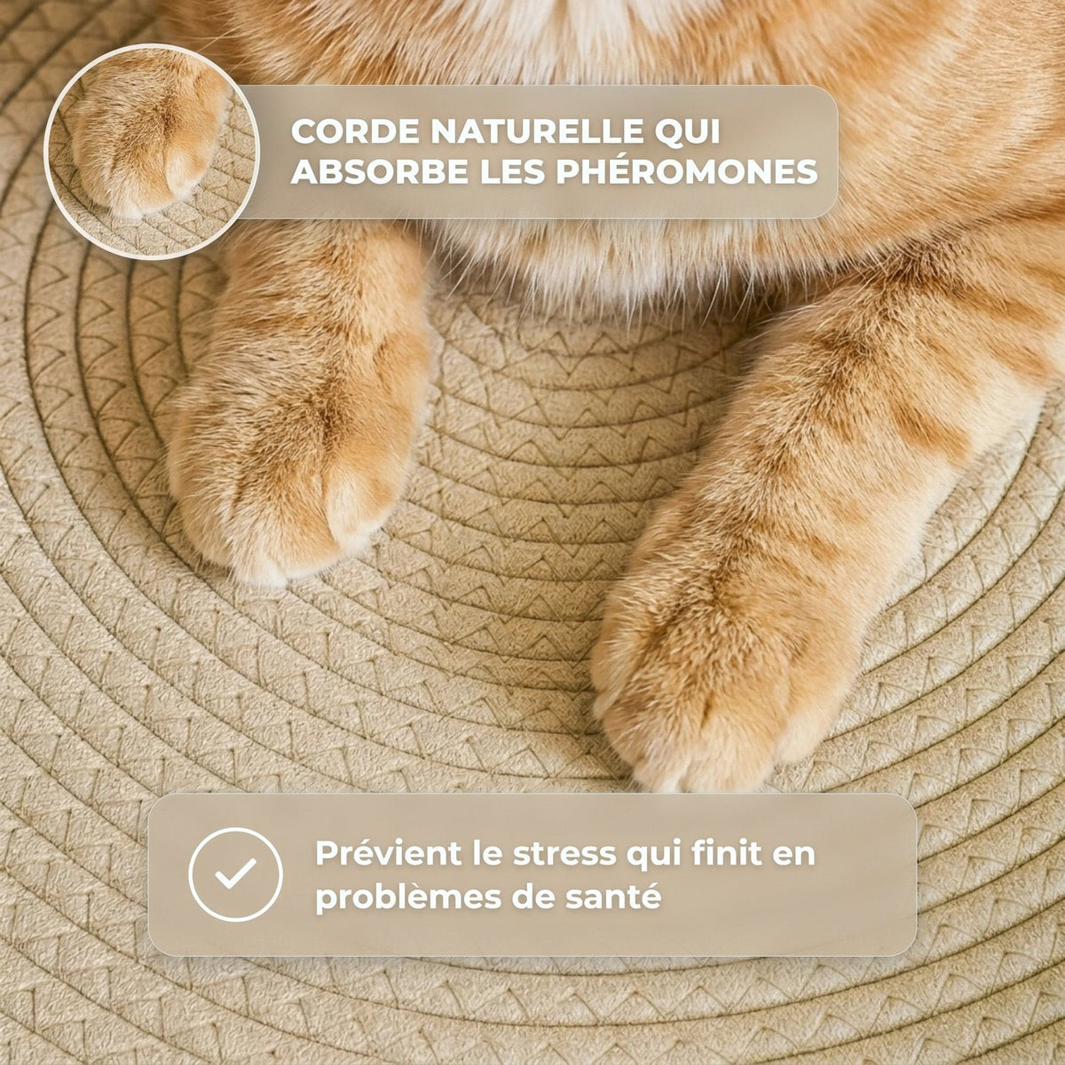 Pattes de chat roux posées sur la corde naturelle tressée qui garde son odeur