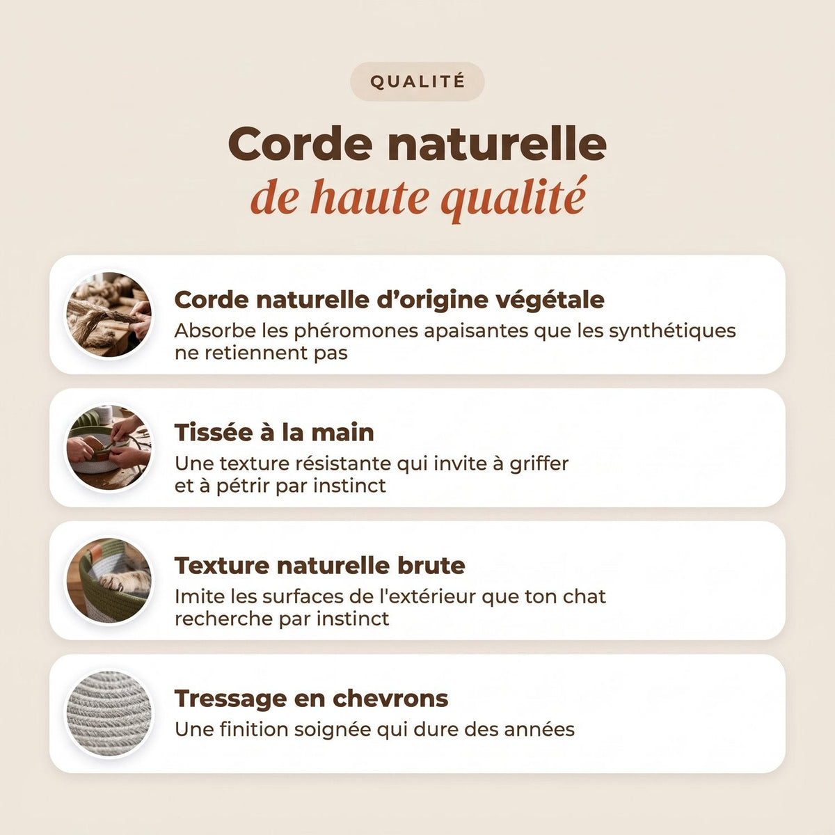 Corde naturelle de haute qualité, tissée à la main en chevrons