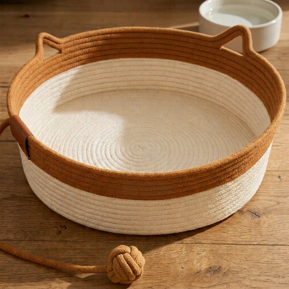 Panier Cordélia marron et blanc en corde de coton tressée, avec sa balle de jeu cousue