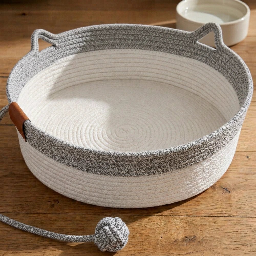 Panier Cordélia gris et blanc en corde de coton tressée, avec sa balle de jeu cousue