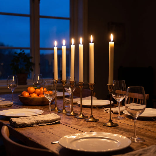 Flamélia : six bougies flambeaux LED allumées dans des bougeoirs en laiton, sur une table dressée un soir de novembre