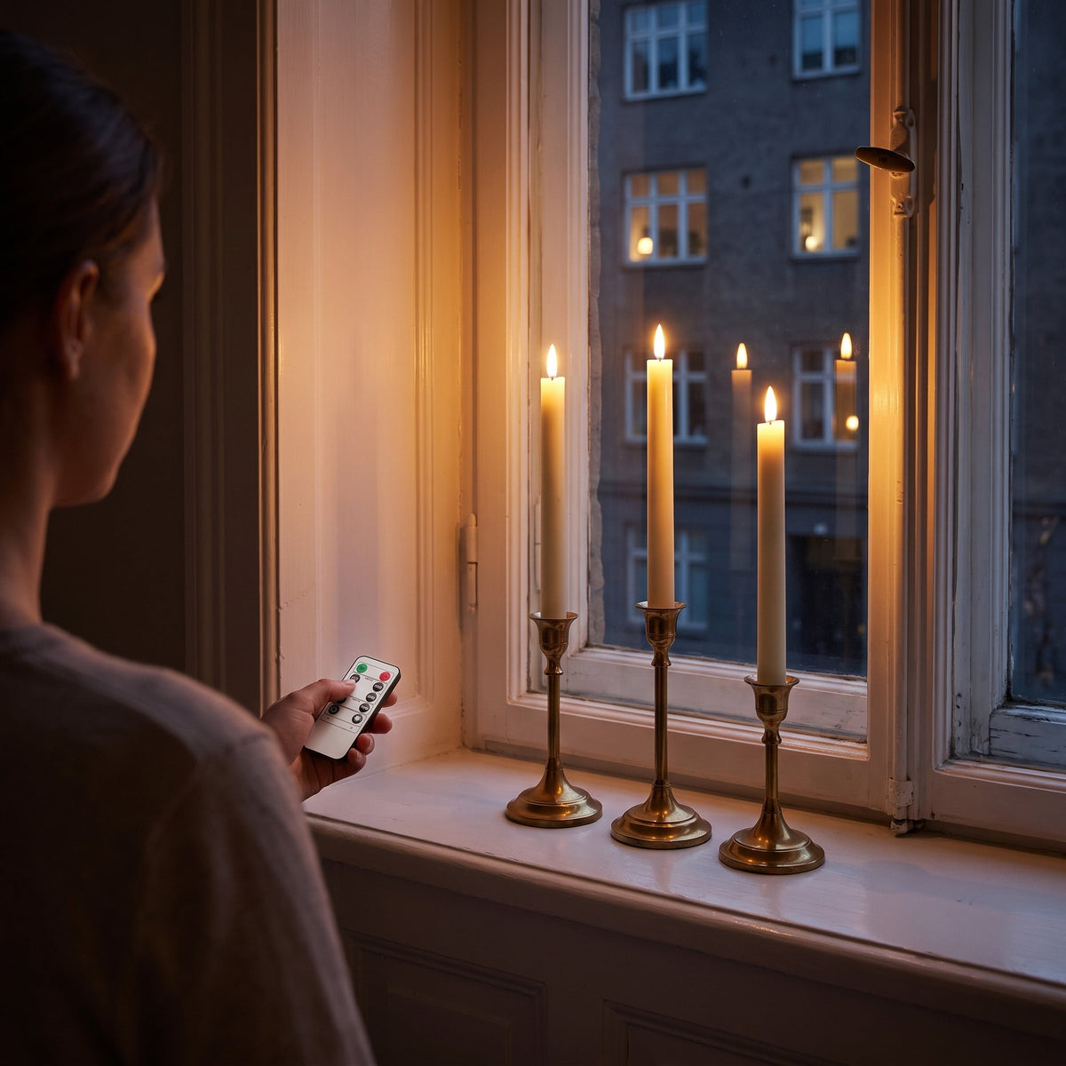 Une main pointe la télécommande de Flamélia vers trois bougies flambeaux allumées à la fenêtre