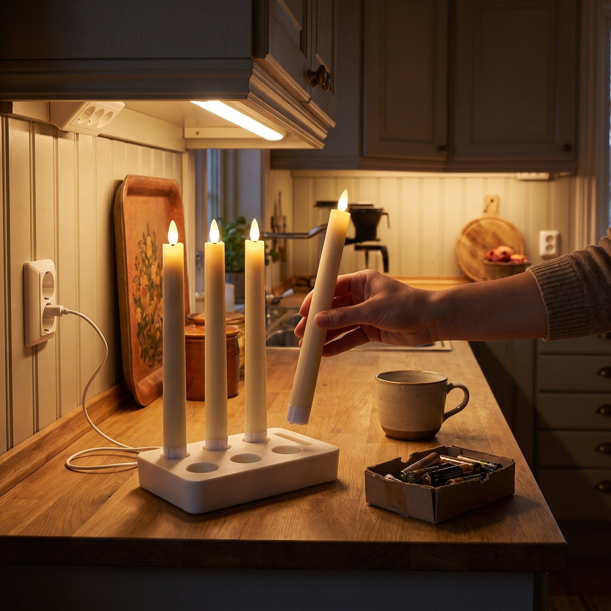Une main repose une bougie Flamélia sur son socle de charge dans la cuisine, à côté d'une boîte de vieilles piles