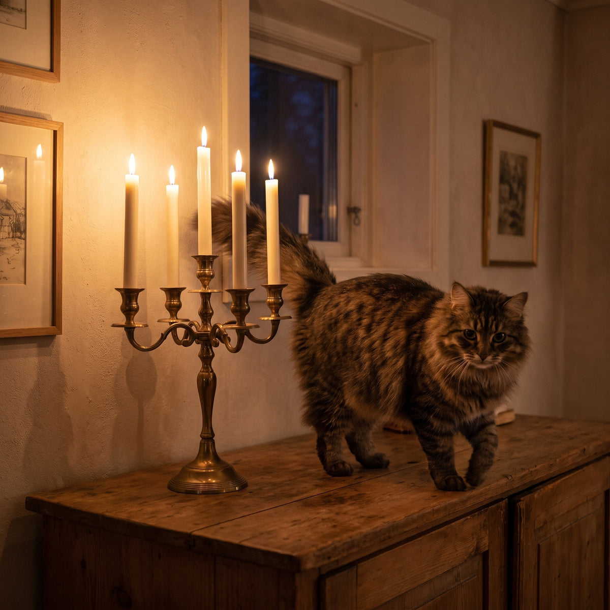 Un chat passe devant un chandelier allumé avec des bougies Flamélia, sur un buffet un soir de décembre