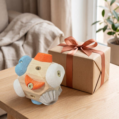 Le bloc d'escalade Grimpéa à côté d'un paquet cadeau en papier kraft avec un ruban terracotta