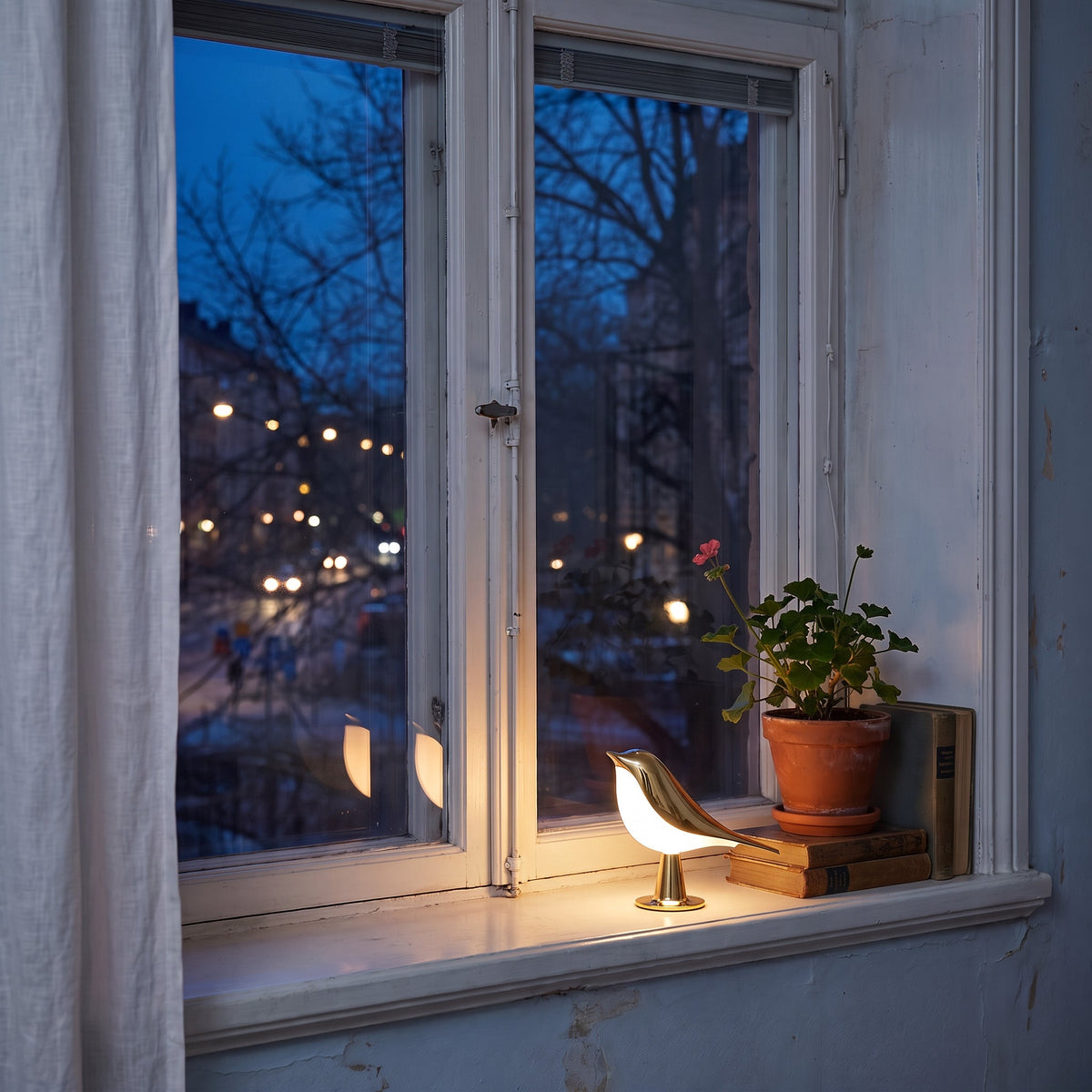 Lumélia allumée sur le rebord de la fenêtre un soir de novembre, nuit dehors