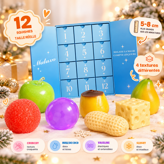 Calendrier de l'Avent squishy Malaxo ouvert, 12 squishies taille réelle et 4 textures