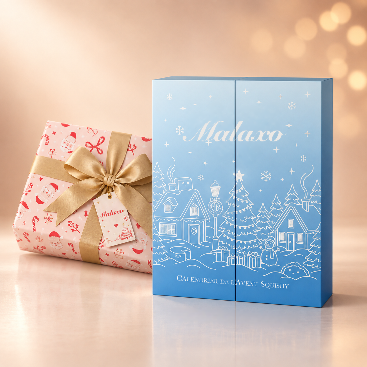 Calendrier de l'Avent squishy Malaxo prêt à offrir, à côté d'un cadeau de Noël