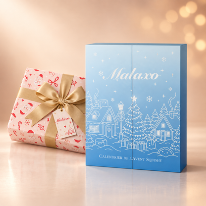 Calendrier de l'Avent squishy Malaxo prêt à offrir, à côté d'un cadeau de Noël