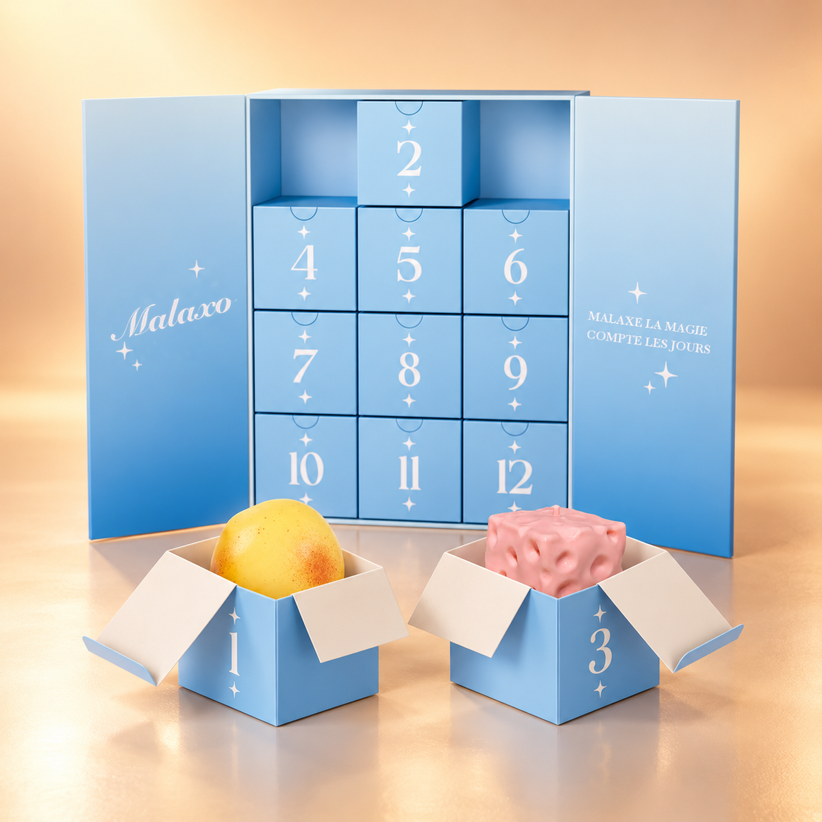 Calendrier de l'Avent squishy ouvert, avec deux cases déjà découvertes
