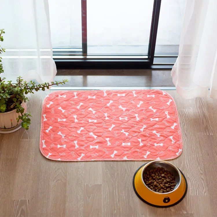 Tapis lavable Pattéa corail à motif os devant une fenêtre, à côté d'une gamelle de croquettes