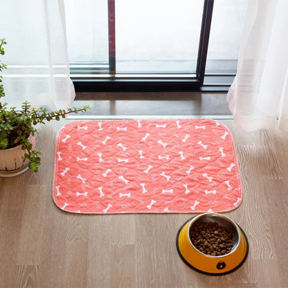 Tapis lavable Pattéa corail à motif os devant une fenêtre, à côté d'une gamelle de croquettes