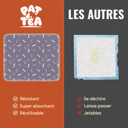 Comparatif : le tapis lavable Pattéa, résistant, super absorbant et réutilisable, contre les alèses jetables qui se déchirent et laissent passer