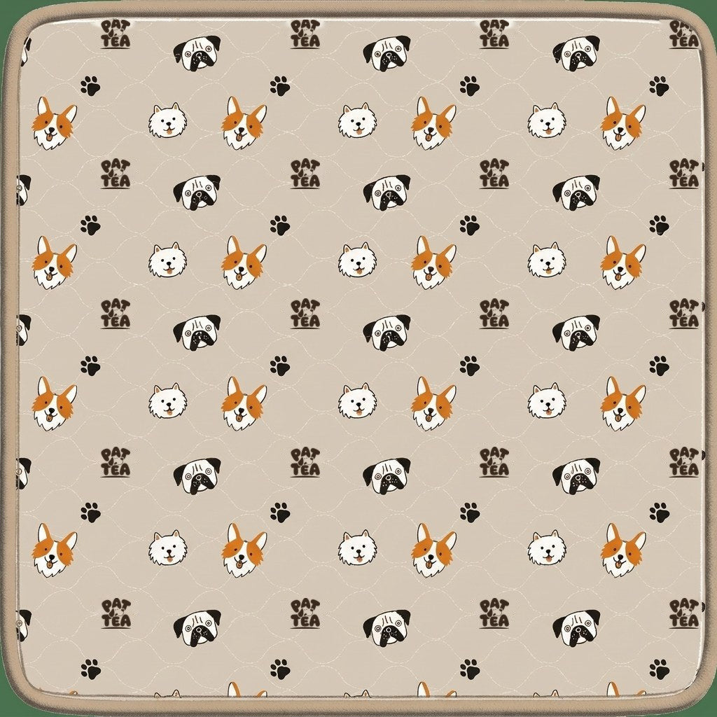 Tapis de propreté lavable Pattéa beige à motif têtes de chiens et logo Pattéa imprimé
