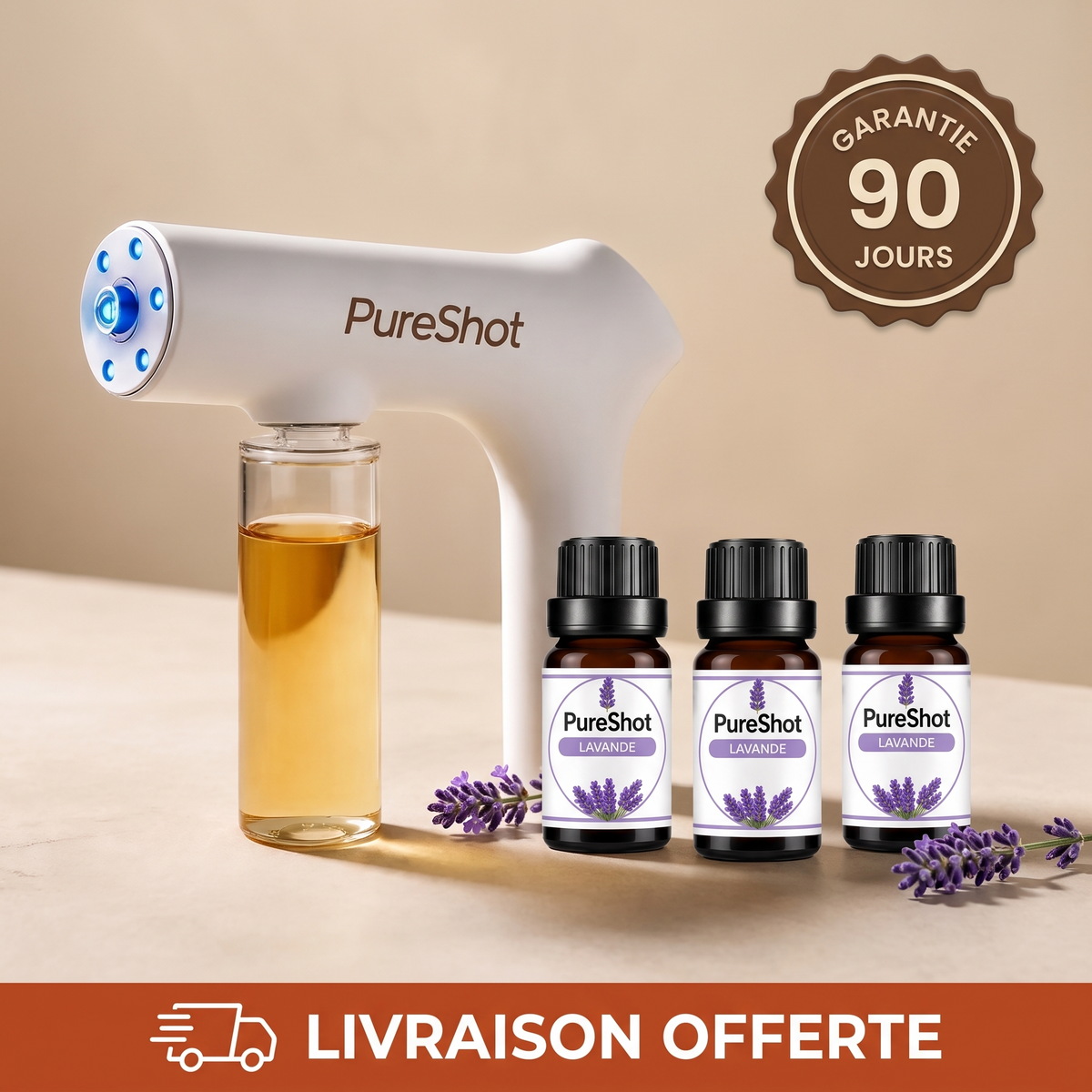Pistolet PureShot et 3 recharges lavande, garantie 90 jours, livraison offerte