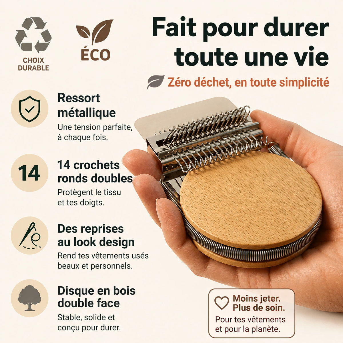 Tisséa, fait pour durer : 14 crochets ronds doubles, disque en bois double face