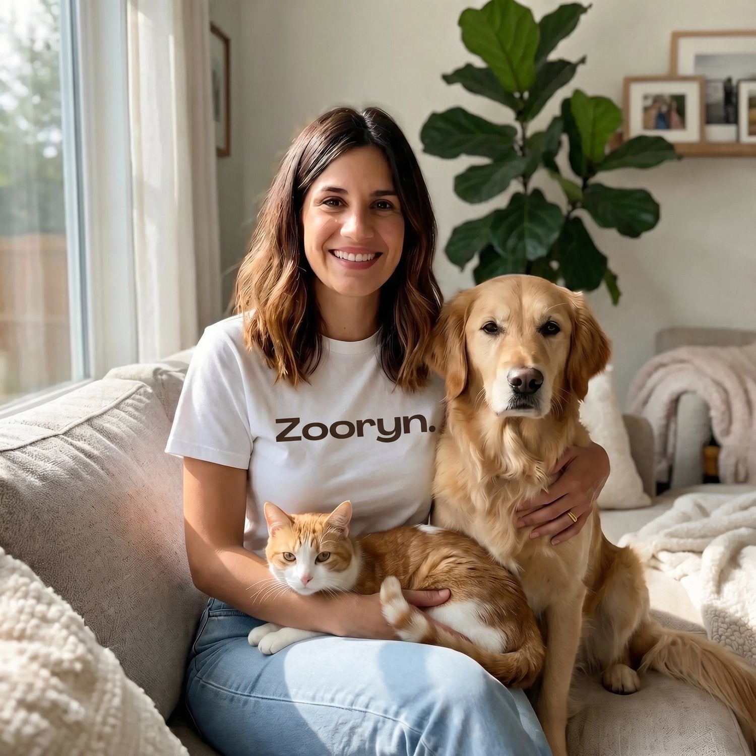 Une cliente souriante sur son canapé avec son chien et son chat, en t-shirt Zooryn