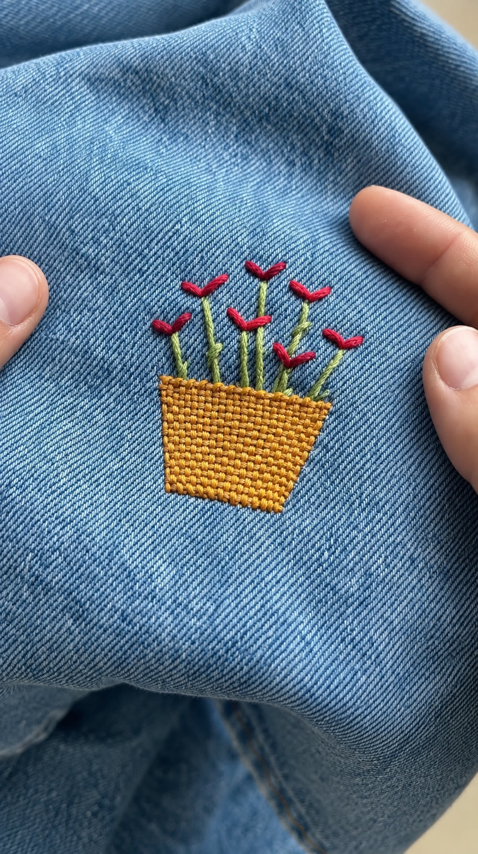 Panier de fleurs tissé sur un jean